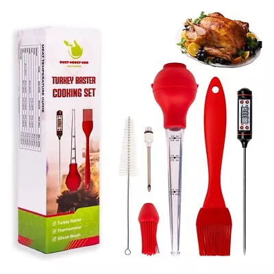 Turkey Baster Set With Pump Flavour Injector Silicone Brush ThermometerProbe • £8.99