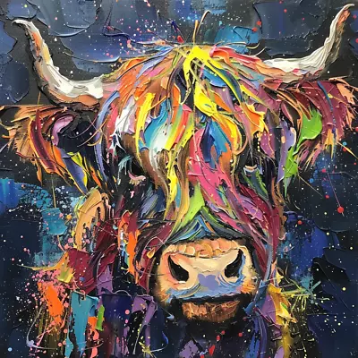 Highland Cow Colourful Oil Art Luxury Canvas Wall Picture Print Colourful • £23.99