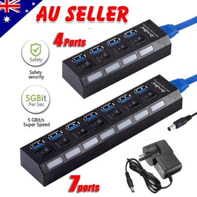 $16.99 • Buy 4 7 Port USB 3.0 HUB Power High Speed Extension Charger Switch For PS4/Slim AU