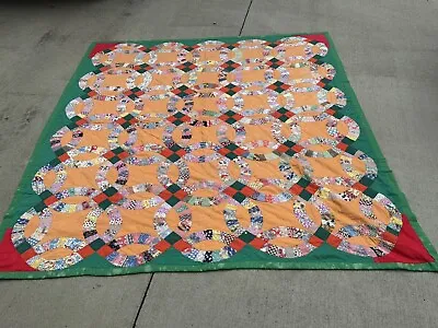 Vintage Wedding Ring Patchwork Quilt Christmas Colors 91” X 78” • $139