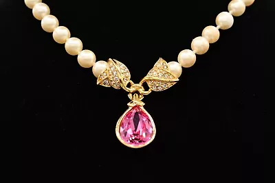 Swarovski Vintage Crystal Necklace Pink Rhinestone Pearl Gold Swan Signed Bin4A • $111.96