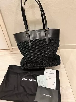 Saint Laurent Raffia Basket Tote Bag Women Black NERO Logo Genuine USED • $1289.26