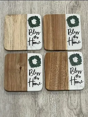 P. Graham Dunn Bless This Home Holiday Wood Marble Coaster Set Of 4 • $13.49