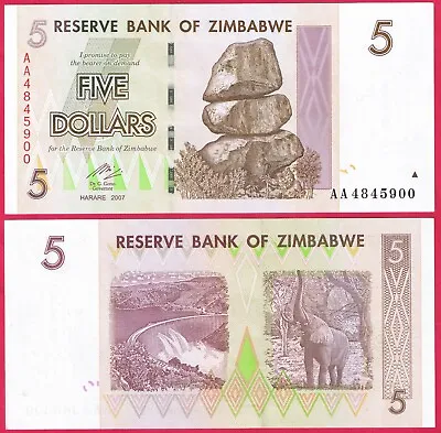 Zimbabwe 5 Dollars 2007 P66 Banknote Unc • $3