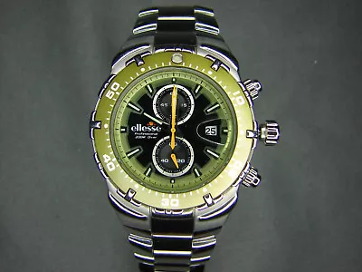 Ellesse 200m Pro Diver Watch 44mm Chronograph Black & Army Green Steel Bracelet • $236.27