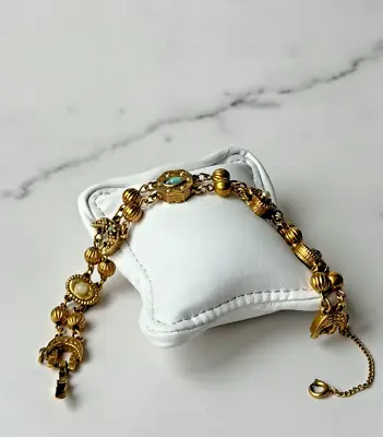 Vintage GOLDETTE Victorian Revival Slide CLOVER Heart Moon BEAD Charm Bracelet • $67.97