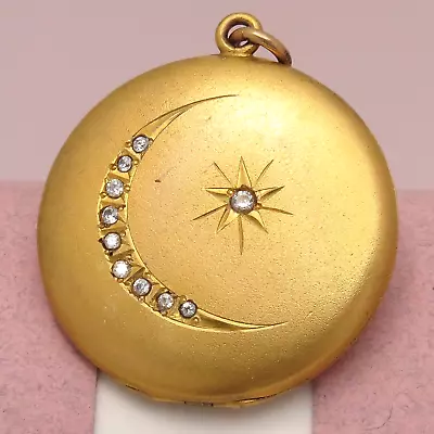 Antique Victorian Large Crescent Moon Star Paste Gold Filled Pendant Locket • $295