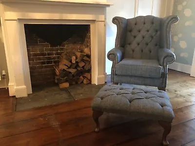 Chesterfield Queen Anne Wing Chair & Footstool In Grey Leather & Harris Tweed  • £985