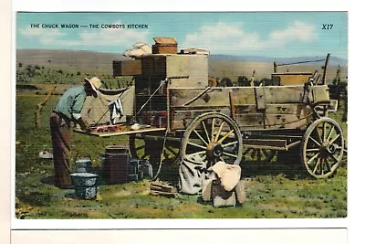 Vintage 1953 Linen Postcard The Chuck Wagon The Cowboys Kitchen-DW1 • $3.99