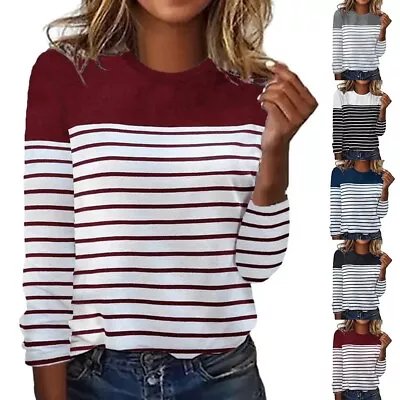 Casual Long Sleeve Striped Print T Shirt For Women Work Crew Neck Tops • £11