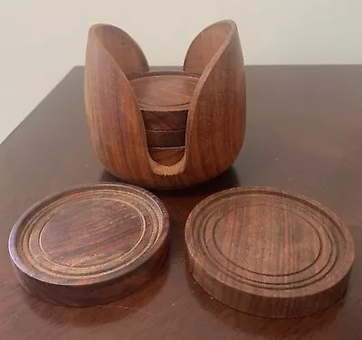 Vintage Unique Set Of 6 Piece Wood Carved Round Coasters W/ Holder • $11.99