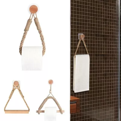 Home Bathroom Supplies Toilet Paper Holder Wood Storage Rack Towel Hanging Rope • $16.92