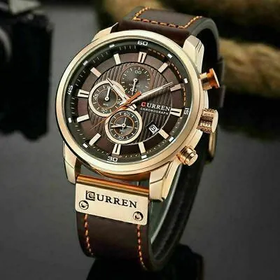 Men Leather Aviator Military Army Chronograph Date Quartz Waterproof Wrist Watch • $32.11