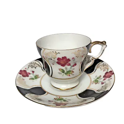 UCAGCO China Cup & Saucer Black & White Pink Flowers JAPAN • $16