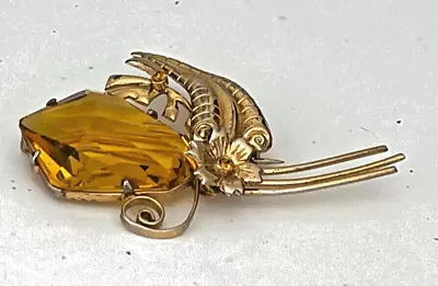 Superb Vintage Gold Wash Sterling Flower Brooch With Huge Citrine Color Glass • $130