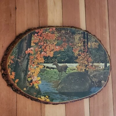 $35 • Buy Vtg MCM Wooden Deer Hunting Log Cabin Wall Art Fall Autumn Rustic Bark Edge USA