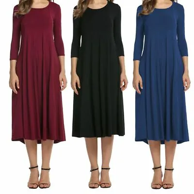 Women Long Sleeve Shirt Long Maxi Dress Casual Flared Swing Skater Midi Dress • $13.79