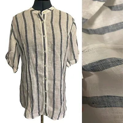 $19.99 • Buy Island Company White Blue Stripe Button Front Rolltab Short Sleeve Linen Tunic L