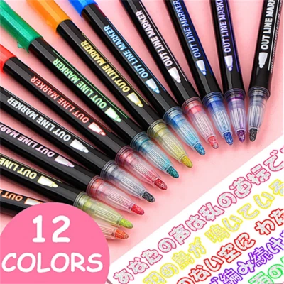 £7.59 • Buy 12 Color Double Line Outline Pen Set Metallic Color Magic Highlighter Marker Pen