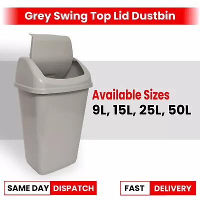 Grey Rubbish Waste Swing Top Lid Dustbin Kitchen Home Office Refuse Garbage Bins • £6.99