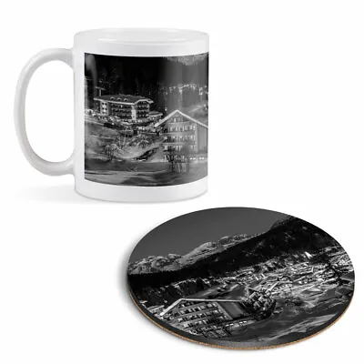 Mug & Round Coaster Set - BW - Ski Resort Madonna Di Campiglio Skiing   #43541 • £9.99