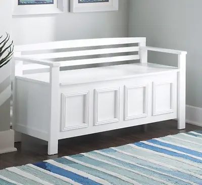 Large White Wooden Storage Bench W/ Back Hinged Lid Entryway Mud Room Bedroom • $193.97