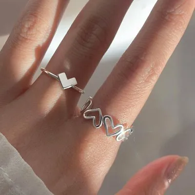 2Pcs Silver Plated Heart Open Ring Finger Adjustable Love Women Girl Jewelry • $0.99