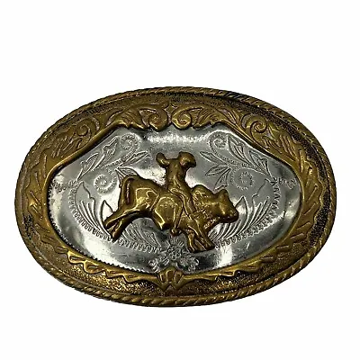 Rodeo Cowboy Riding Bull Etched Belt Buckle Nickel Silver Vintage Western • $34.95