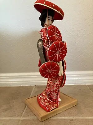 Rare Vintage Yoshitoku Japanese Geisha Doll In Red Kimono Kabuki Dance 15” Tall • $85