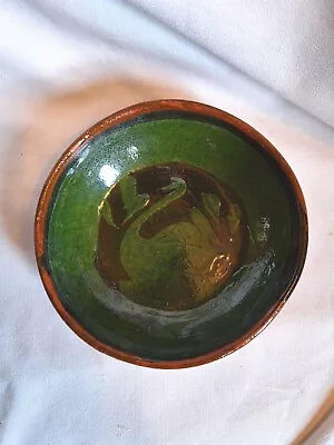 Vintage Mexican Michoacan Patamban Redware Green Swan Glazed Bowl Folk Art • $18