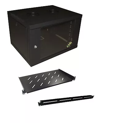 6u 450mm Deep WALL MOUNT 19  CABINET + 24 Port CAT6 PANEL + 250mm Deep SHELF • £112.06