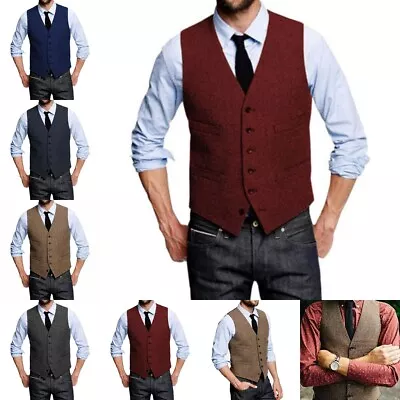 Men's Formal Suit Vest  Waistcoat Herringbone Vintage Groomsmen Herringbone Vest • £23.98