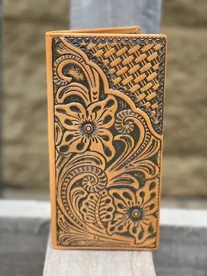 803BR Brown Basket Weave W/ Floral Laser Cut Tall Leather Wallet • $22