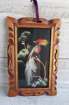 Mexican Feather Art Painting Hand Carved Wood Frame Feathercraft Mexico City Art • $20.25