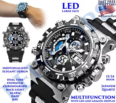 Men's Watch Sport Stopwatch Dual Time Waterproof Military Led Backlight Alarm • $54.18