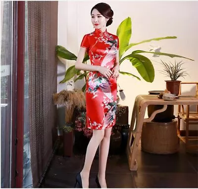 £13.99 • Buy Luxurious China Red Satin Phoenix Chinese Short Dress Cheongsam Qipao Lcdress80