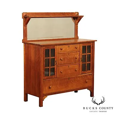 Larkin Co. Antique Mission Oak And Glass Sideboard Buffet • $1495