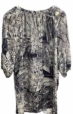 XL Tori Richard Blue White SILK Dress 1/2 Button Blue Geo FEATHER Print Mumu XL • $59