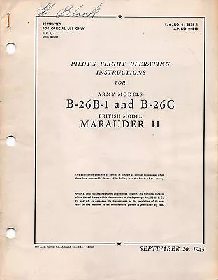 1943 Martin B-26B/C Pilot's Flight Operating Instructions Flight Manual -CD- • $24.99