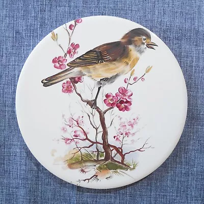 H & R Johnson Round Tile Trivet From ENGLAND Brown Songbird Flower Blossoms  • $9.99