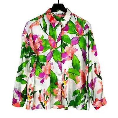 $20 • Buy Zara Womens Medium Oversized Floral Button Down Satin Blouse Top Green White