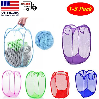 1-5 Foldable Portable Washing Clothes Laundry Basket Bag Bin Hamper Mesh Storage • $9.99