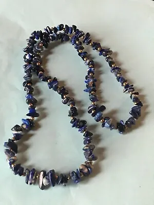 Vintage Long Lapis Lazuli Stone Nugget & Goldtone Spacer Bead Necklace – 26 Inch • $22.87