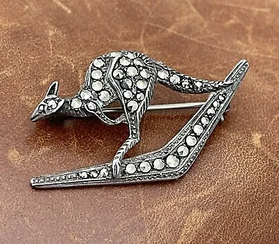 Antique Vintage 1920's Australian Silver Kangaroo Boomerang Marcasite Brooch • $75