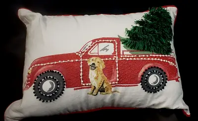 Christmas Throw Pillow Rectangle 14x18 Red Truck Tree Dog Embellished No Tags • $15.11