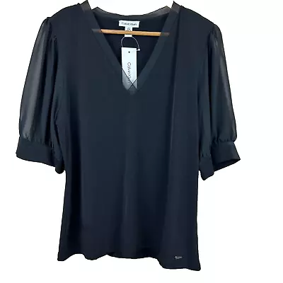 Calvin Klein Women's Black V-neck Top Blouse Sheer Puff Sleeves Stretch L NWT • $35