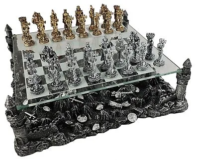 Pewter METAL Medieval Times Crusades Knight Chess Set With Resin & Glass Board • $259.95