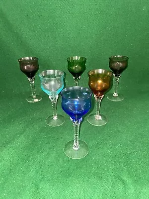 Set Of 6 Vintage Portugal Harlequin Coloured Glasses With Twisted Stems • £24.95