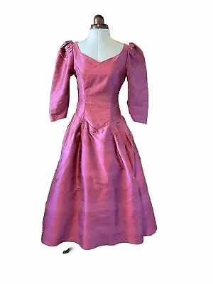 VINTAGE 1980’s VICTORIAN STYLE RASPBERRY PINK SILK?  BRIDESMAID DRESS • £15