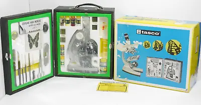 Tasco Deluxe Microscope Set 50x-900x Wood Case W/ Accessories Model 962 1977 • $76.35